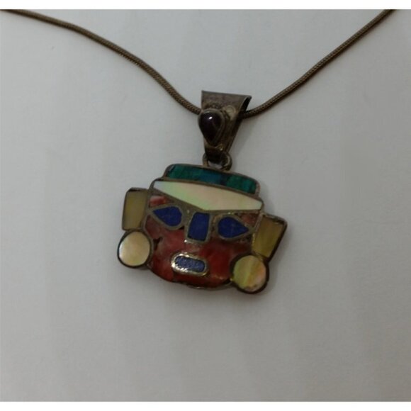 Peruvian Inca Gemstone Tribal Face Inlay Pendant  950 silver purity - Picture 1 of 6